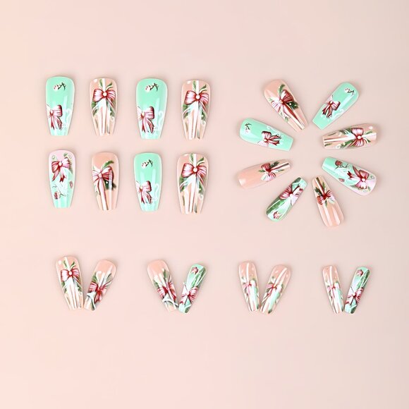 Press-On Nails Set, Christmas Gift Box Bow Design, Green & Mixed Color, Oval - Picture 2 of 5